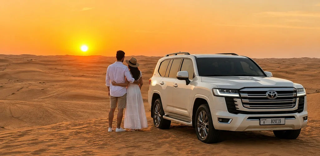 Sunset over the red dunes of Dubai