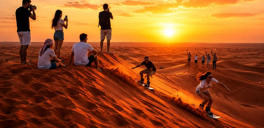 Sandboarding down a red sand dune