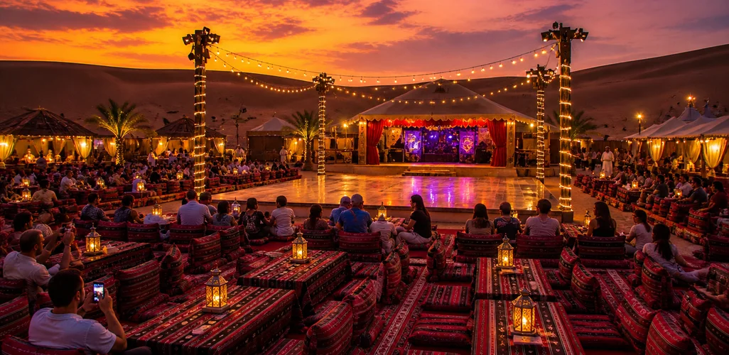 Desert camp lit up at night