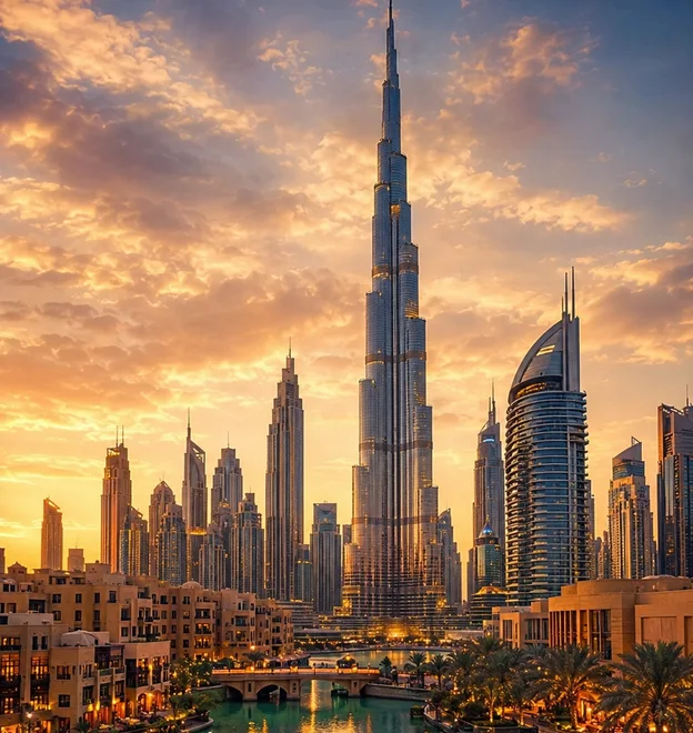 Dubai skyline with Burj Khalifa at dusk