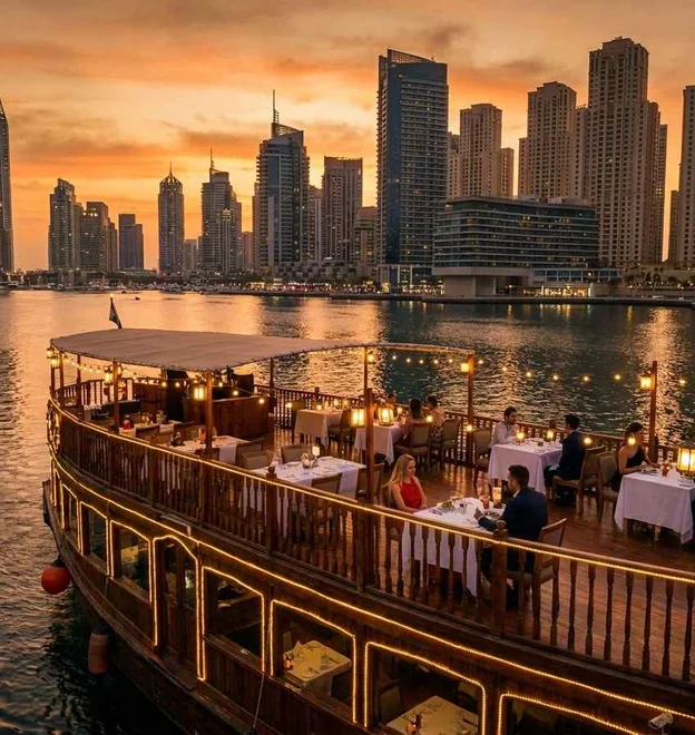 Traditional dhow cruise on Dubai Marina at night
