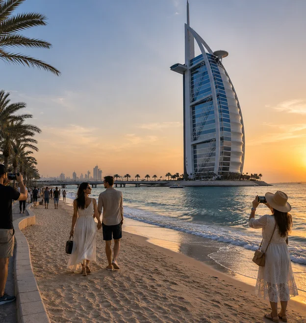 Dubai beach and skyline on a sunny winter day